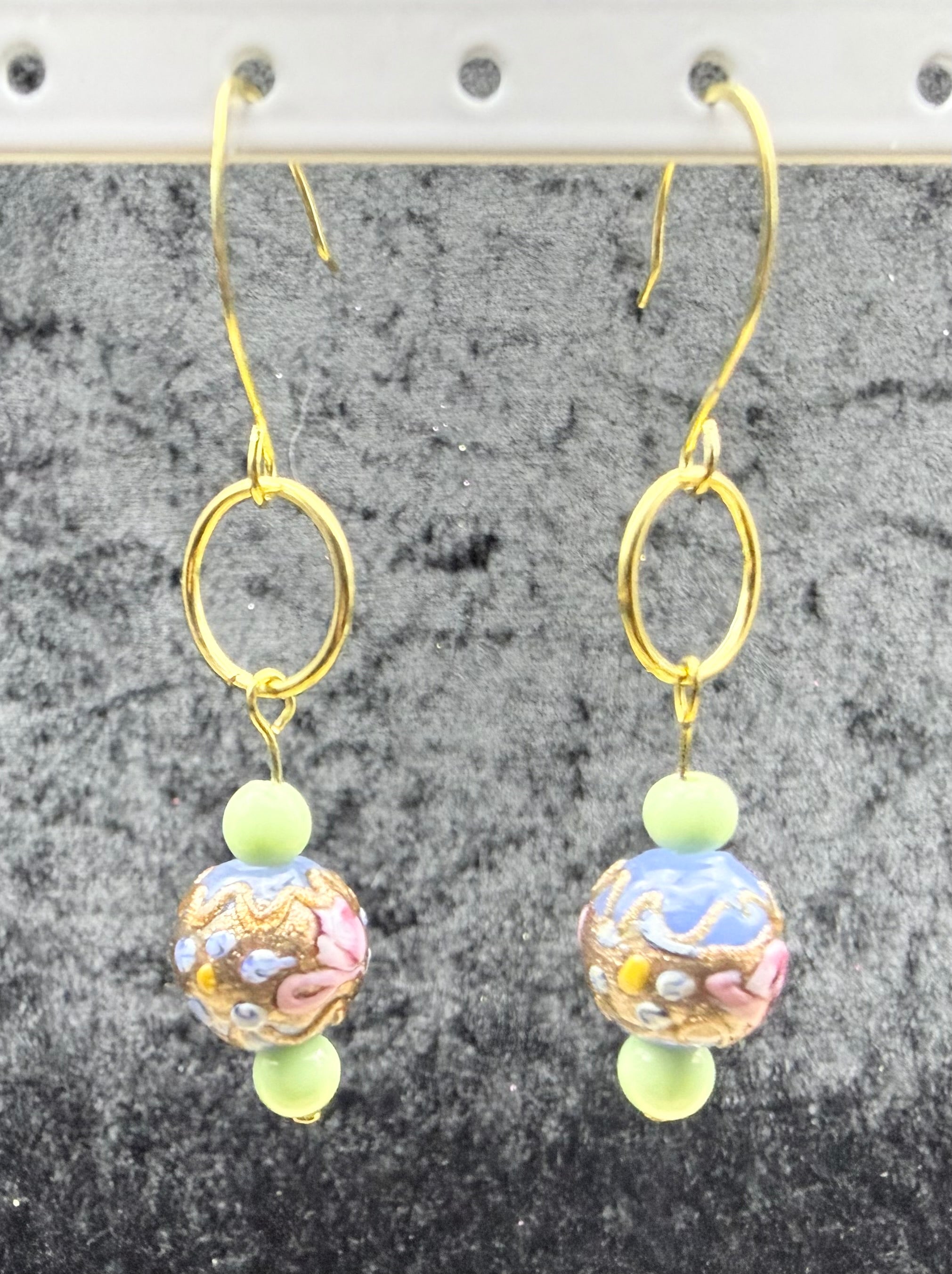 Vintage and Green Beaded Gold Circle Earrings