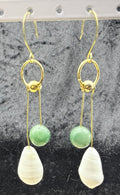 Gold Asymmetric Green Moss Agate and Glass Earrings