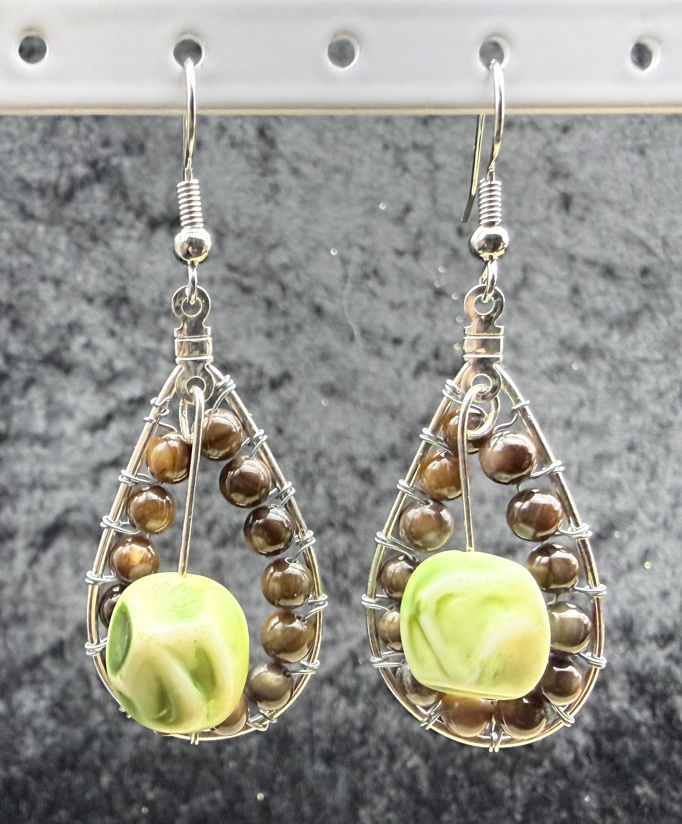 Tigers Eye and Vintage Green Open Teardrop Earrings