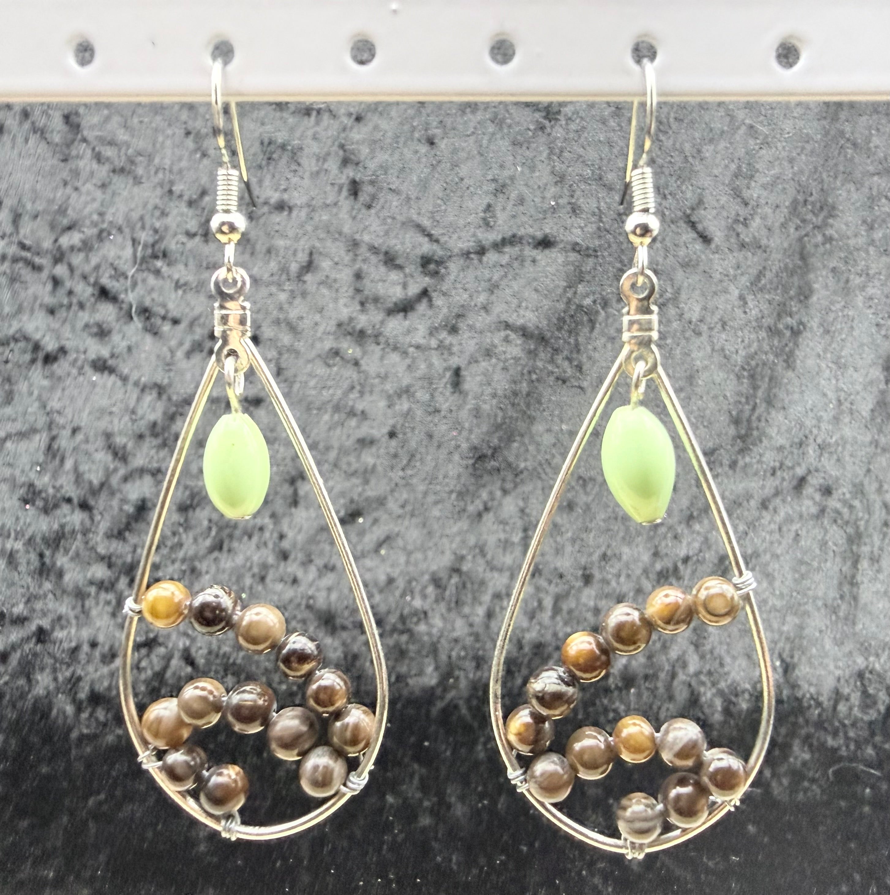 Tigers Eye and Green Open Teardrop Earrings