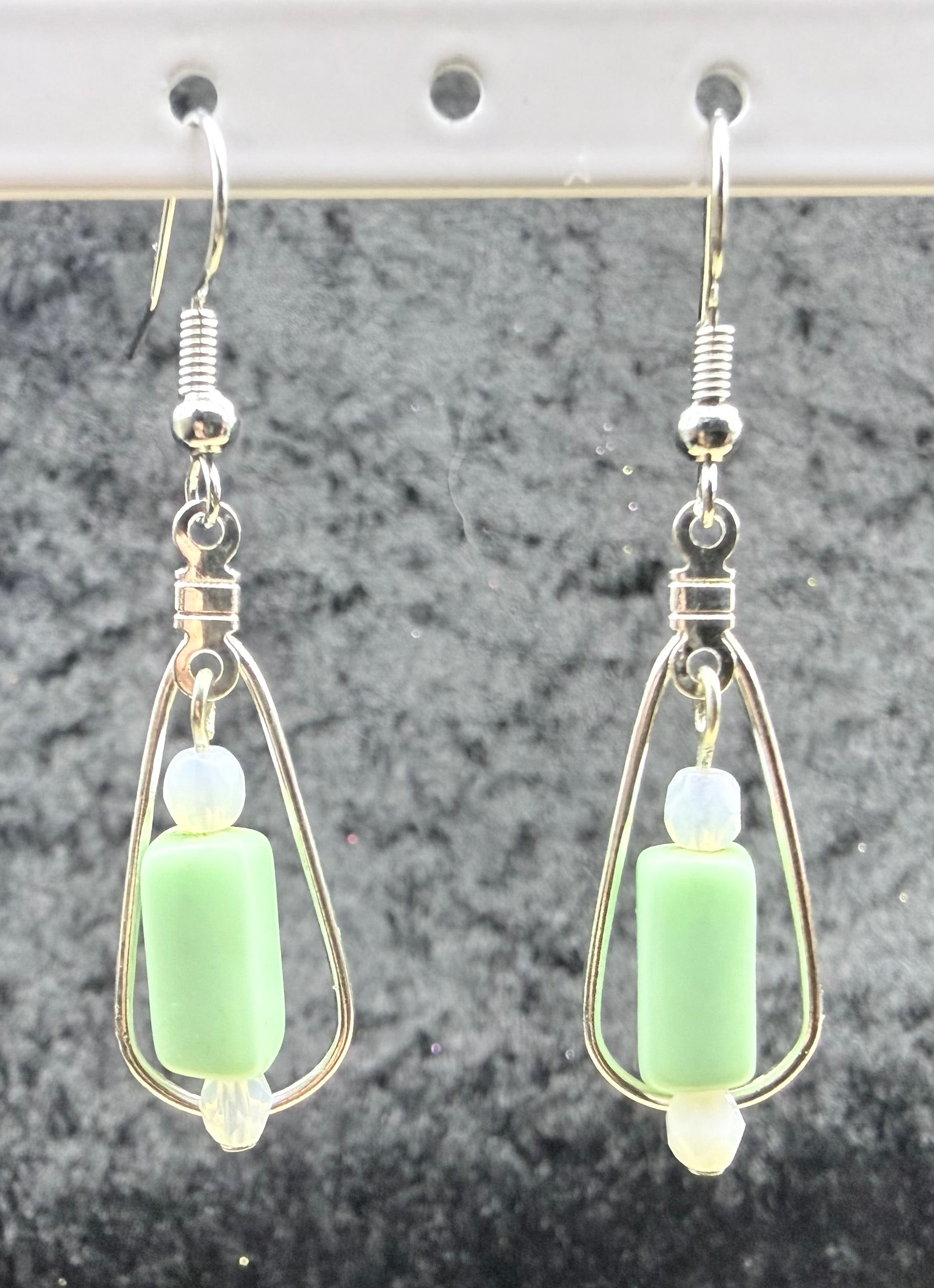 Opalite and Rectangular Green Open Teardrop Earrings