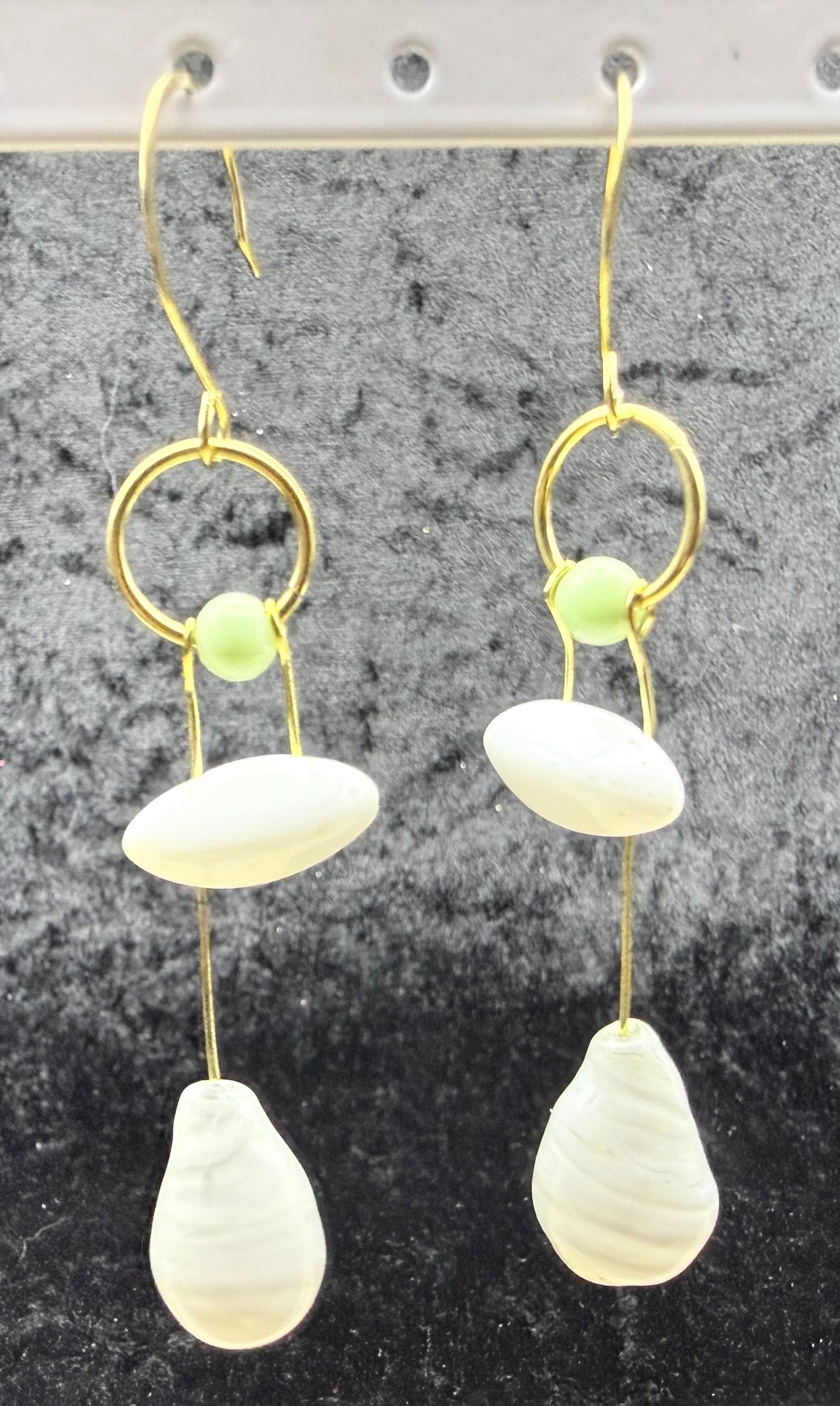 White Glass and Green Gold Asymmetric Earrings