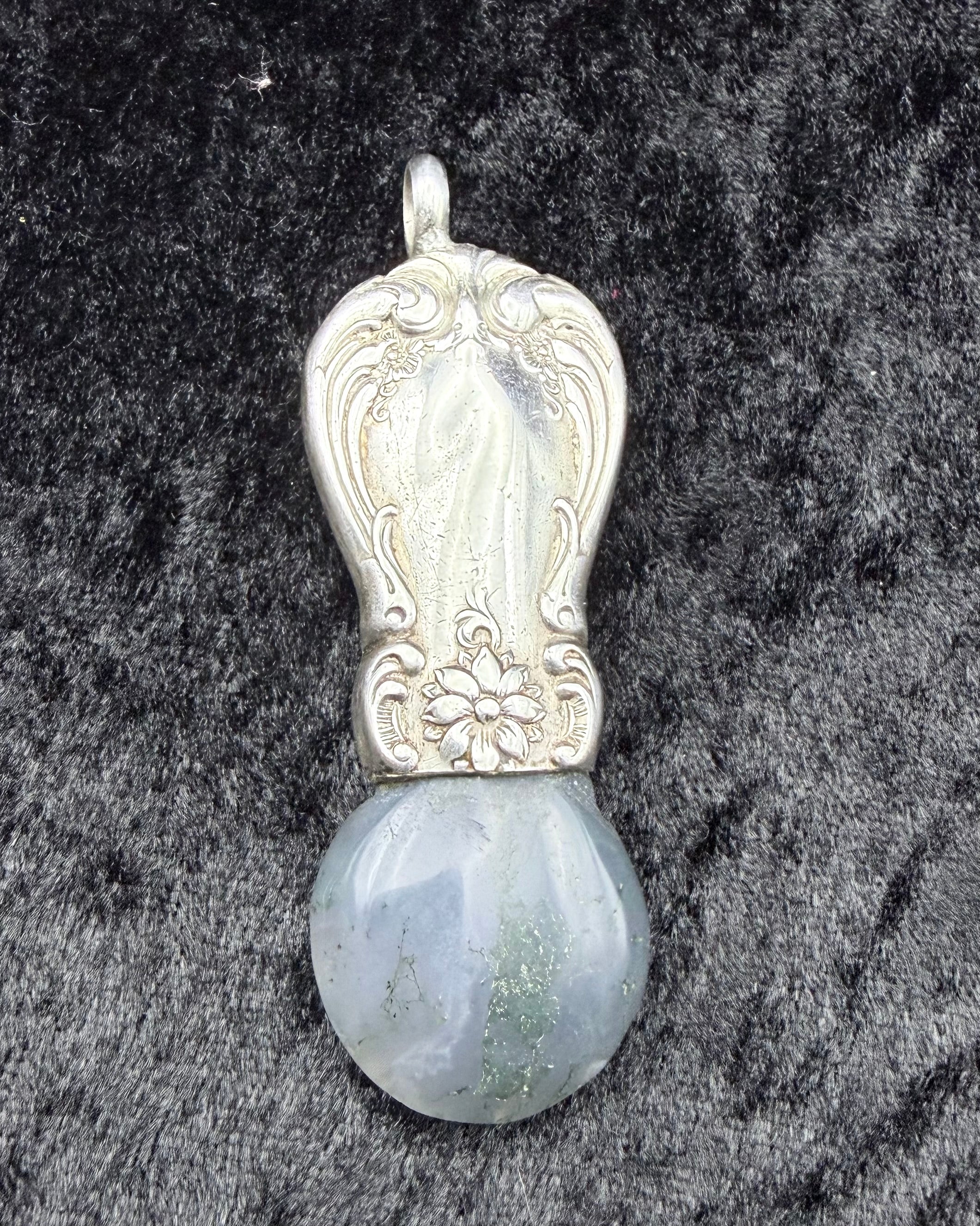 1942 Old Master Sterling Spoon Handle and Green Moss Agate Pendant