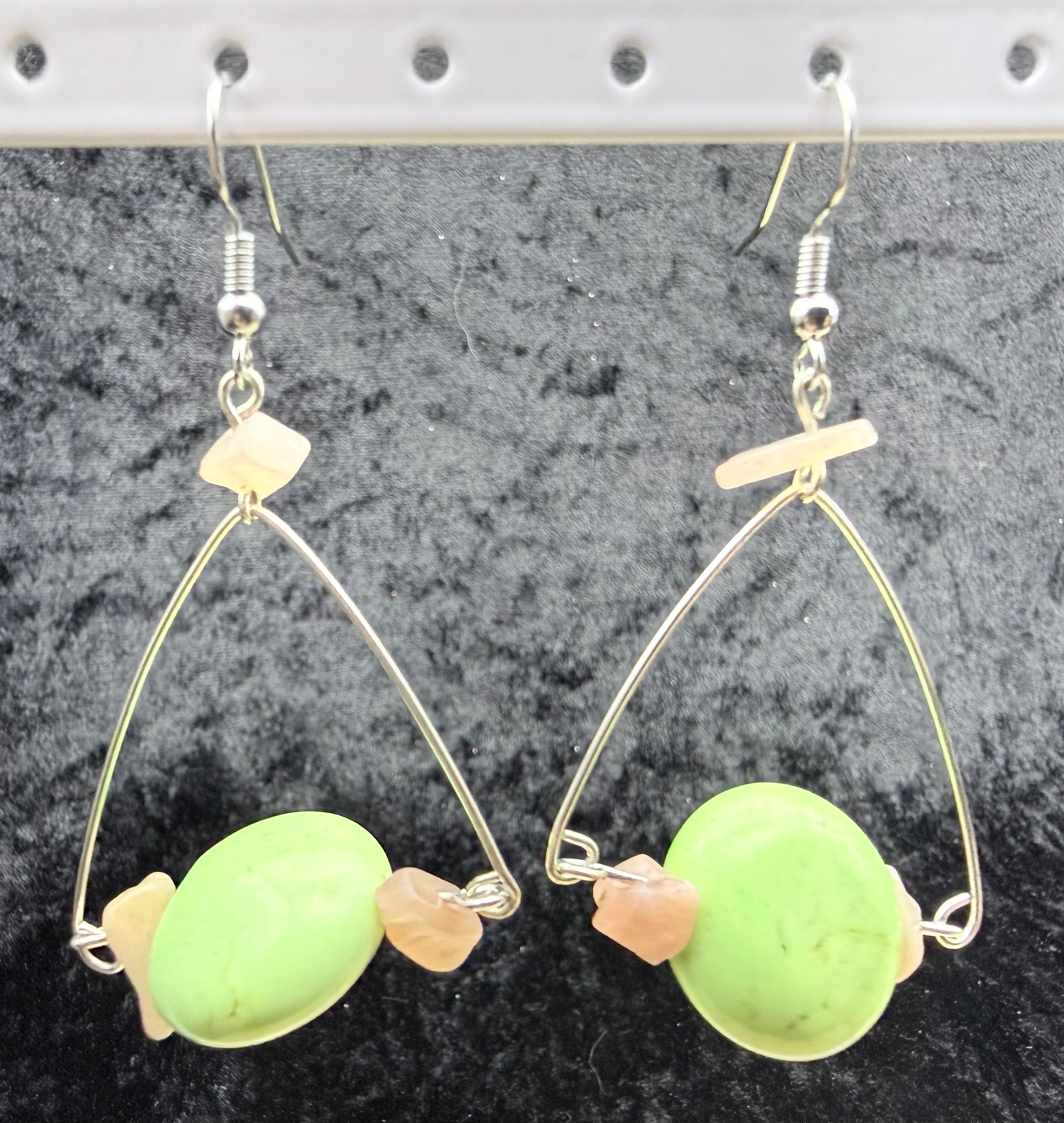 Green Turquoise and Peach Moonstone Triangle Earrings