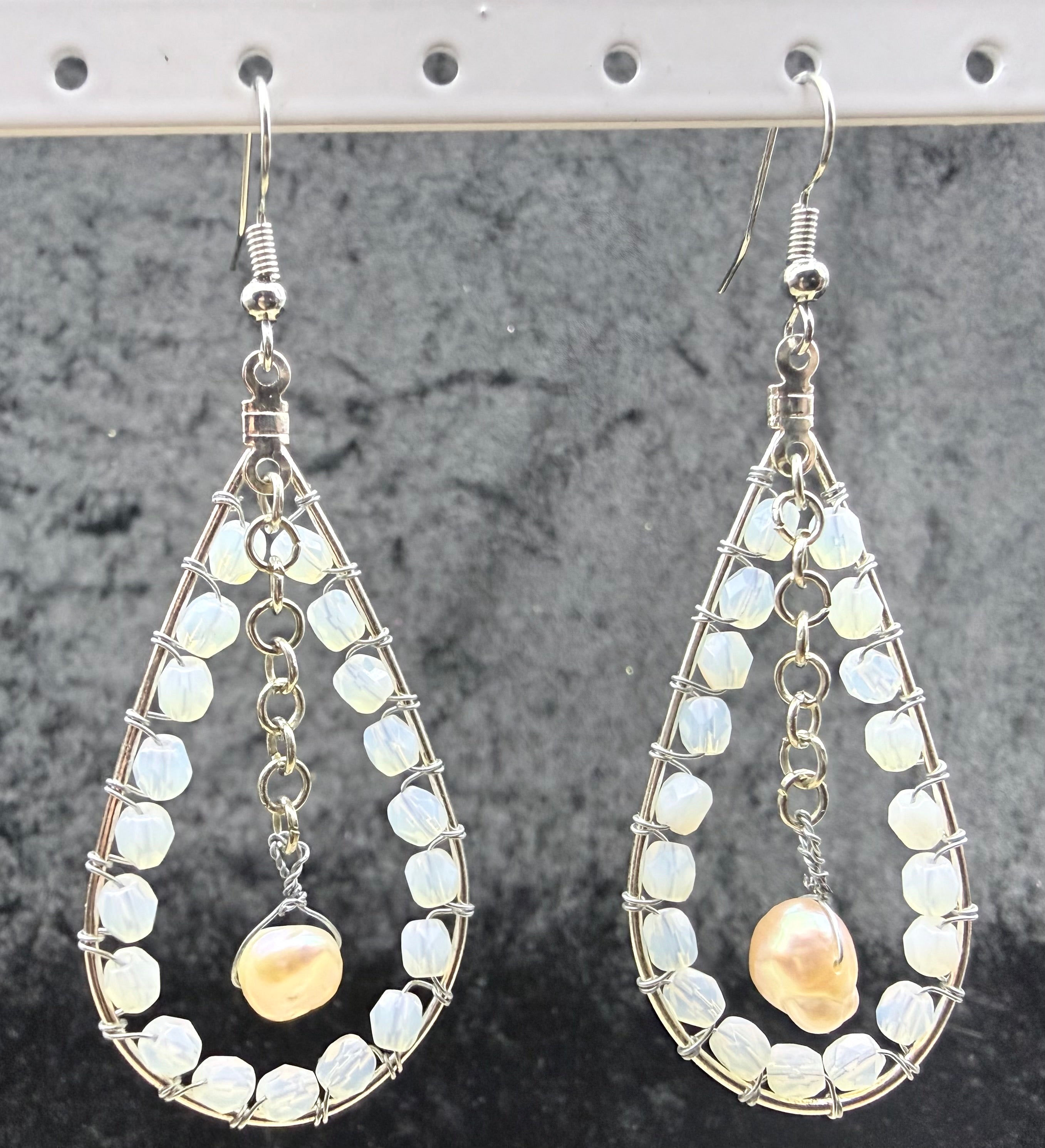Opalite and Pearl Open Teardrop Earrings