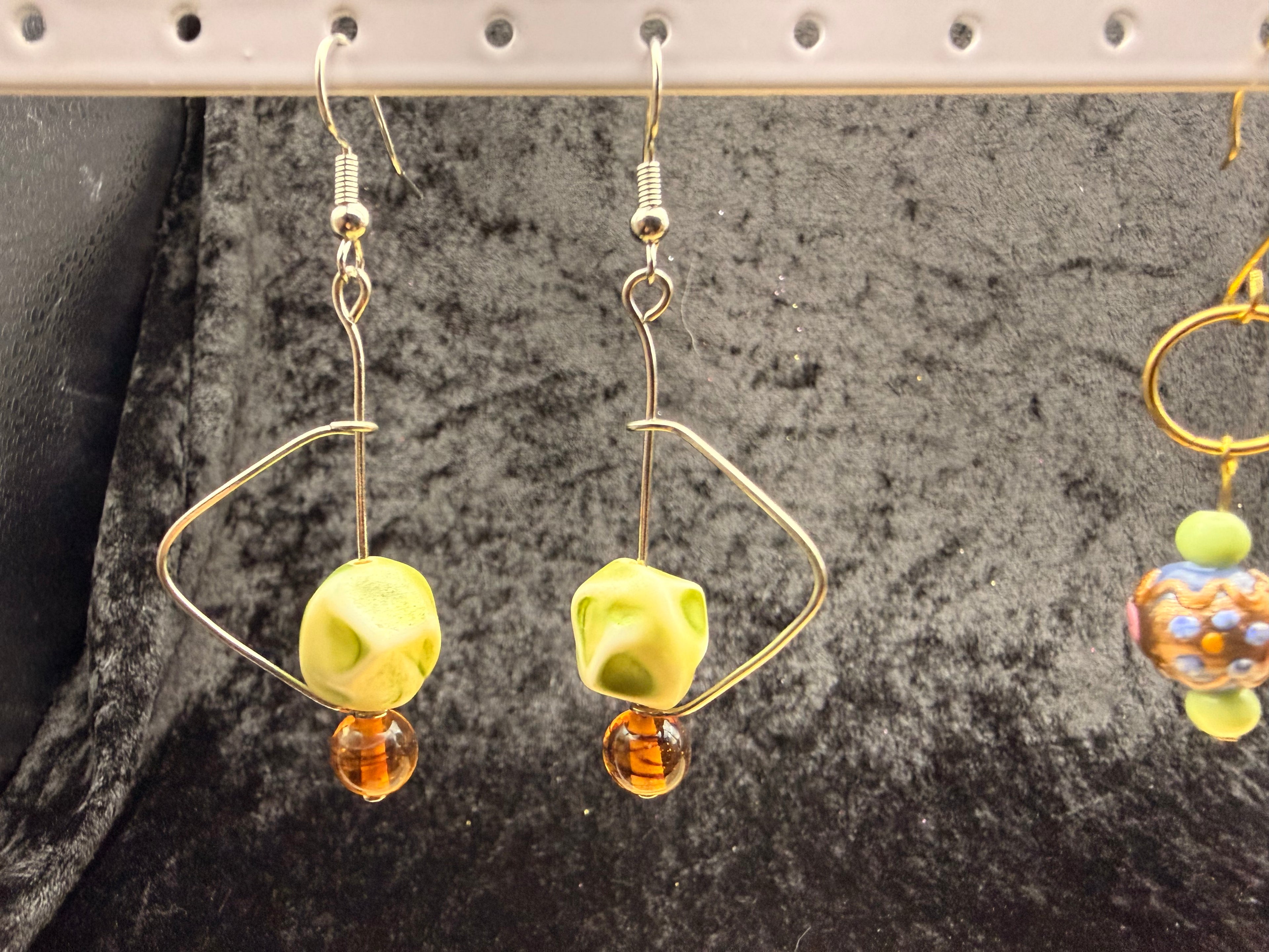 Green and Orange Beaded Wire Earrings