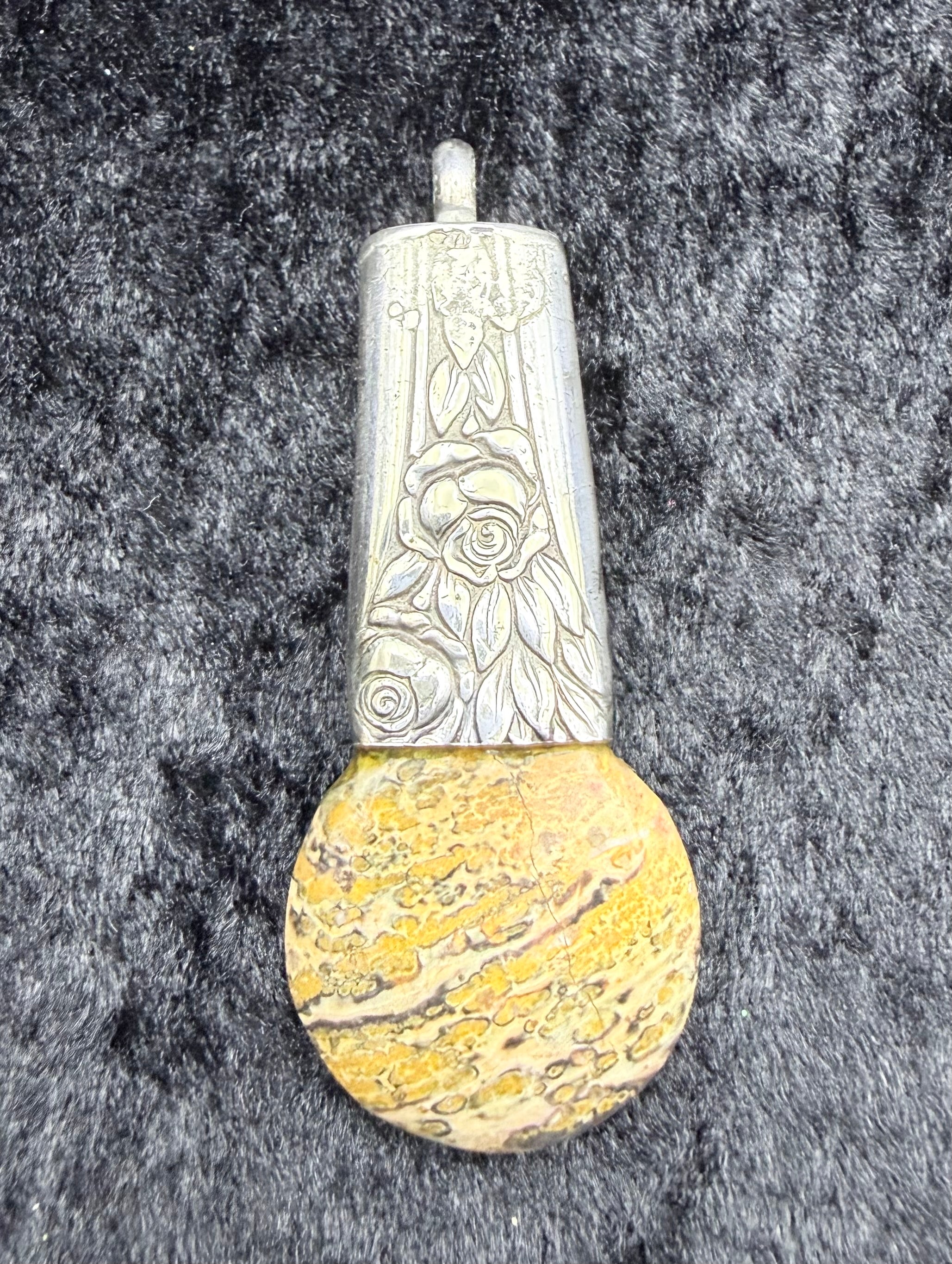 1937 Rose and Leaf Spoon Handle Pendant with Picture Jasper
