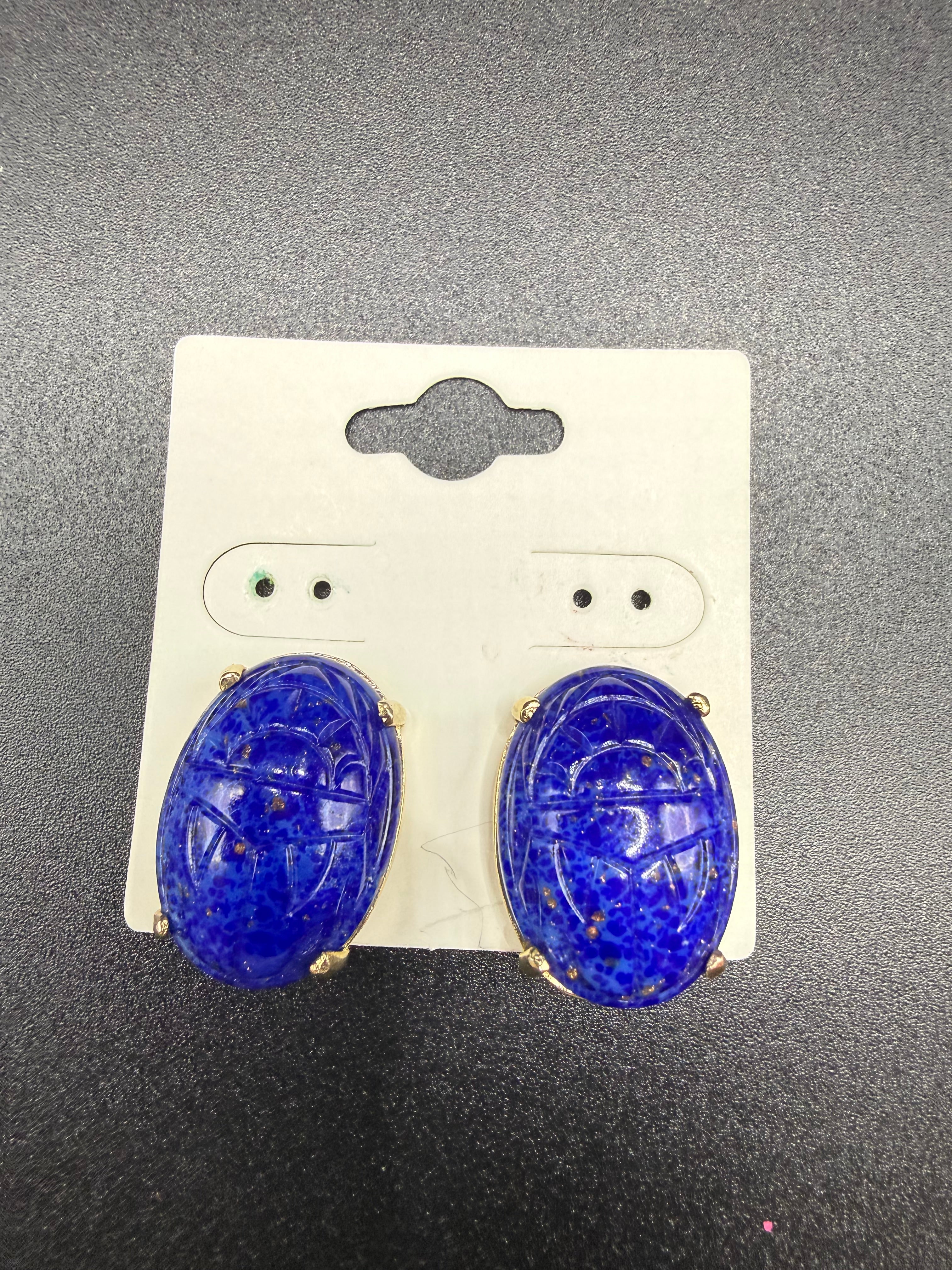 Lapis Lazuli Scarab Beetle Gold Earrings
