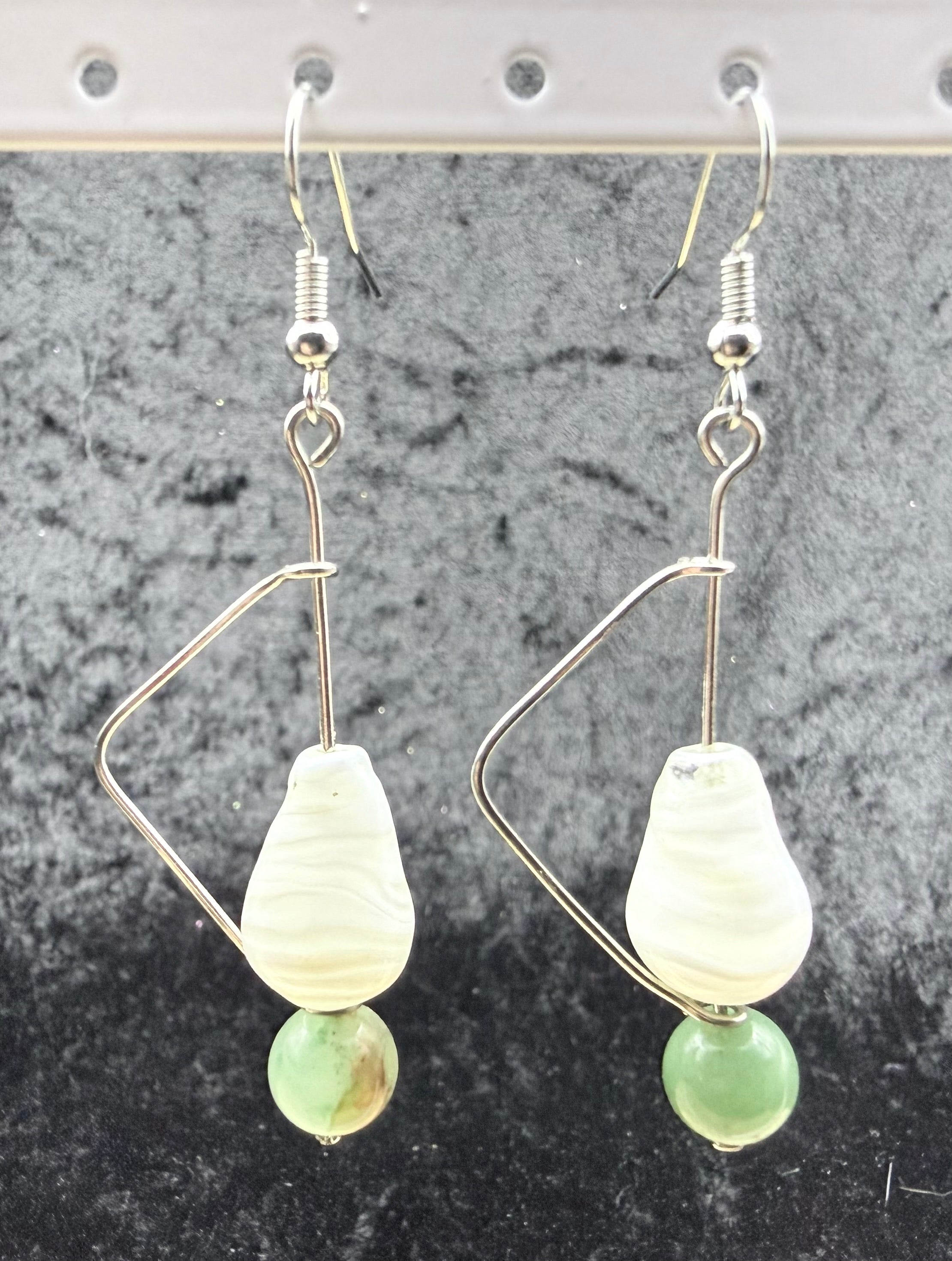 Glass and Green Moss Agate Wire Earrings